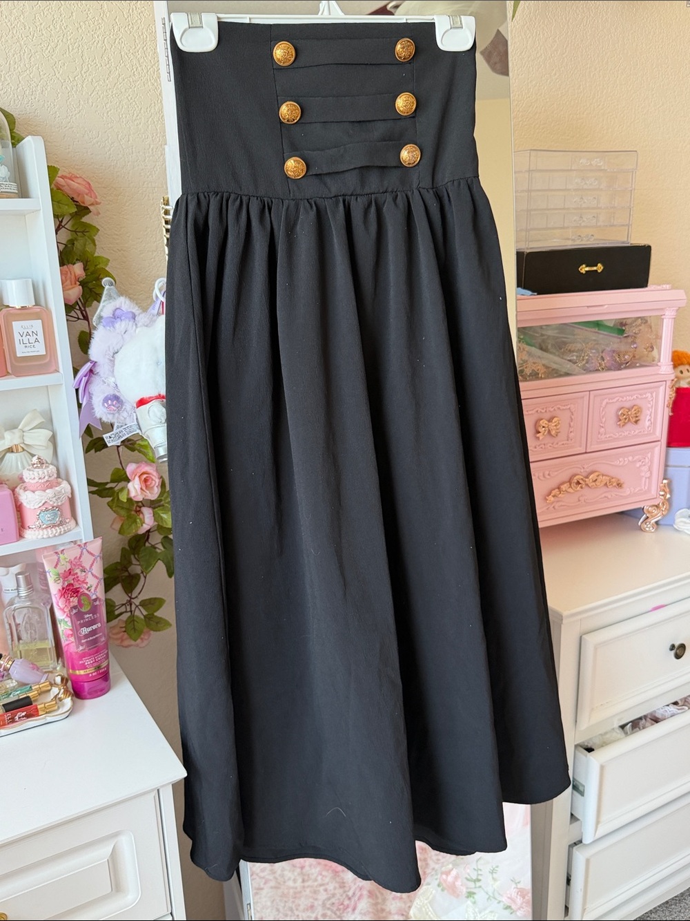 High-Waist Black Midi Skirt with Gold Button Detail